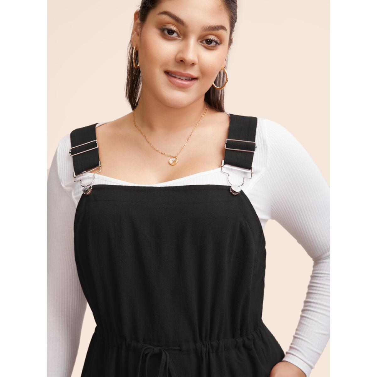 Plus Size Plain Drawstring Pocket Metal Detail Suspender Skirt Black Women Casual Adjustable Straps Spaghetti Strap Sleeveless Curvy Midi Dress BloomChic 22-24/3X Product Image