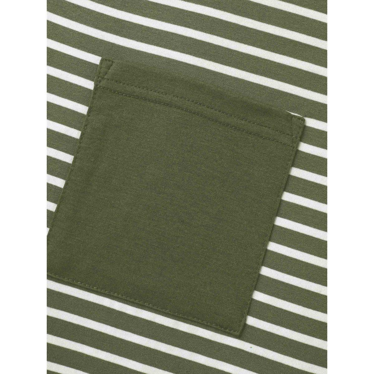 Plus Size Stripe Color Contrast Pockets T-Shirt ArmyGreen Women Contrast V-neck Everyday-Casual T-shirts BloomChic 22-24/3X Product Image