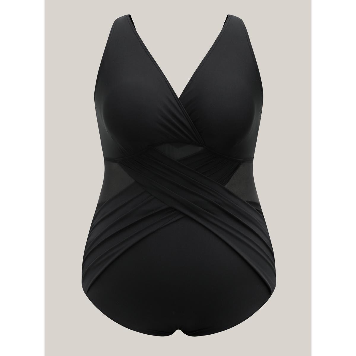 Plus Size Cross-Over Sheer One-Piece Swimsuit Women's Swimwear Black Beach Gathered Curve Bathing Suits High stretch One Pieces BloomChic 26/4X Product Image