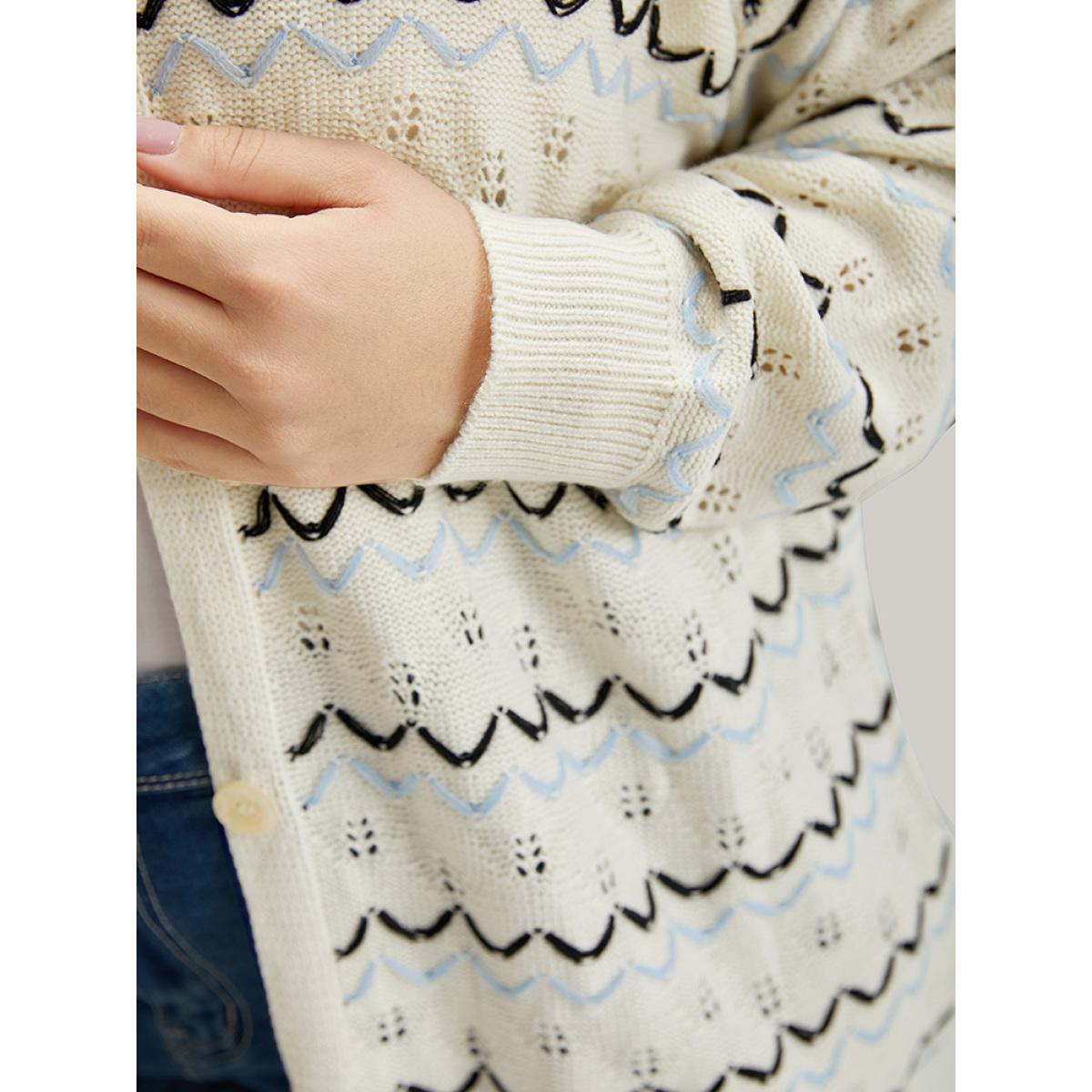 Plus Size UltraCool Wave Striped Eyelet Button Through Cardigan Beige Women Casual Loose Long Sleeve Everyday Cardigans BloomChic 26/4X Product Image