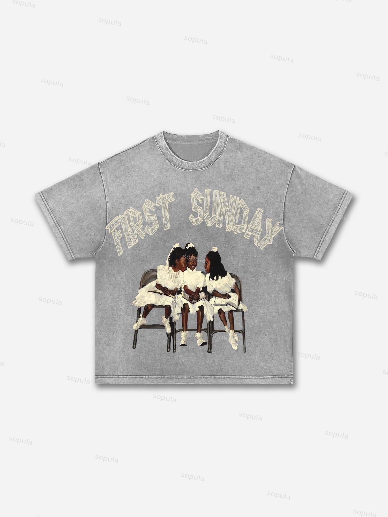 First Sunday Retro Graphic Print Acid Washed T-Shirt Product Image