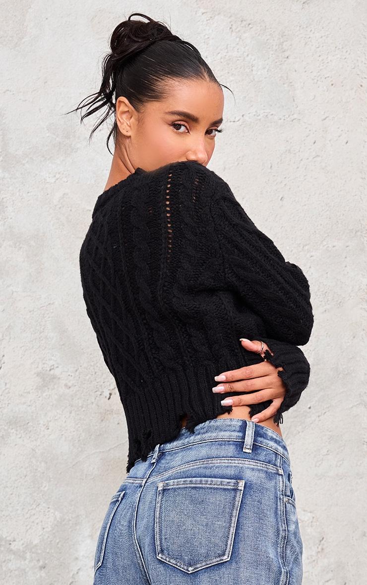 Black Distressed Cable Knit Button Detail Cropped Sweater Product Image