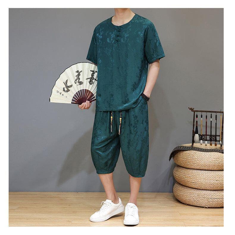 Set: Short Sleeve Round Neck Frog Closure Jacquard Top + Drawstring Waist Capri Tapered Pants Product Image
