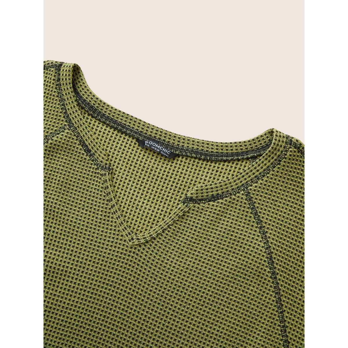 Plus Size Waffle Knit Notched Contrast Stitch Patchwork Sweatshirt Women ArmyGreen Casual Topstitching Notched collar Everyday Sweatshirts BloomChic 22-24/3X Product Image