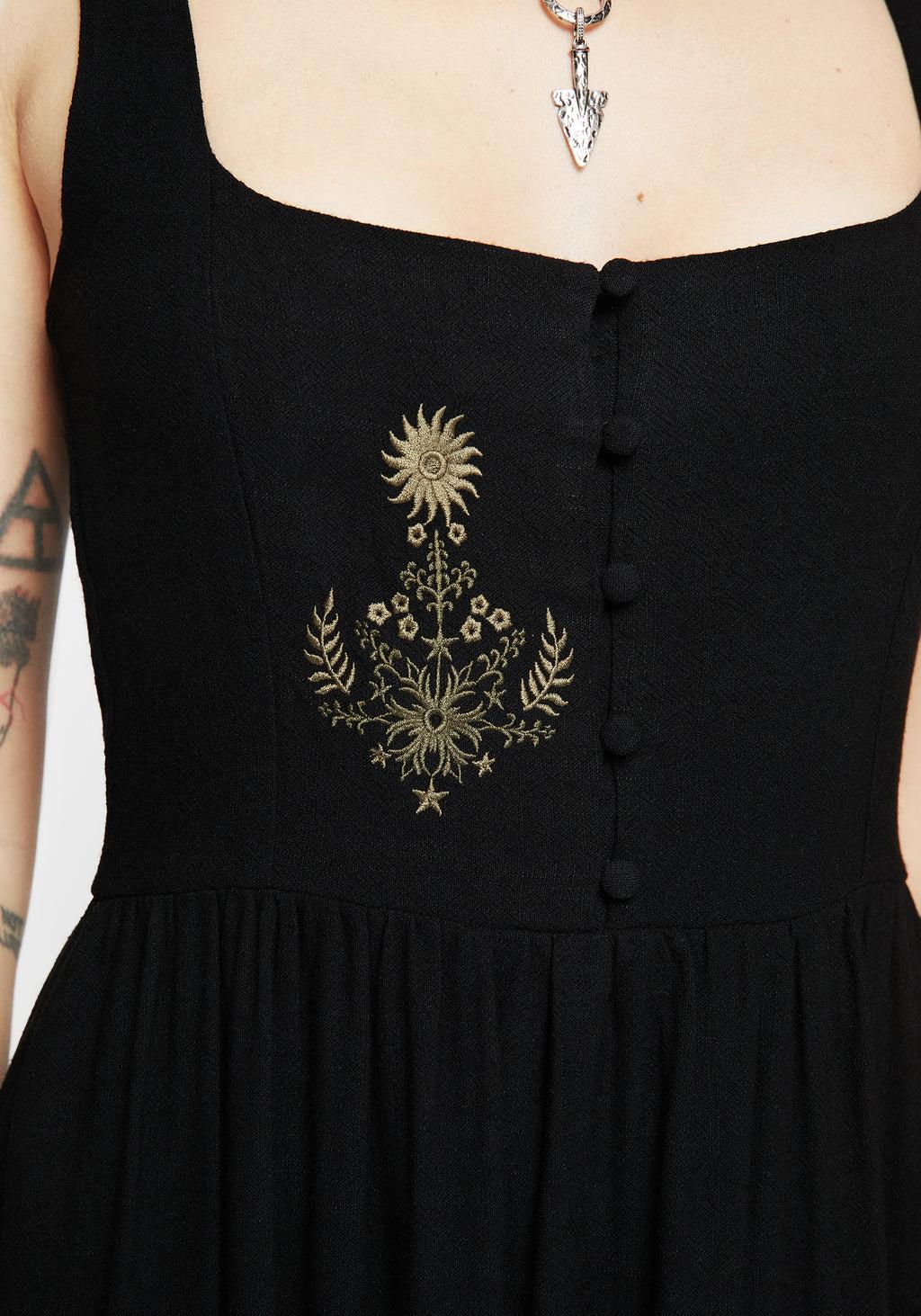 Foliate Linen-Blend Embroidered Sleeveless Midi Dress - Black Product Image