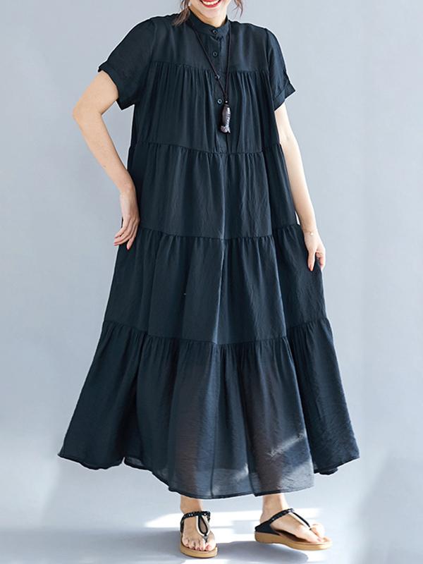 Vintage Loose Split-Joint Pleated Short Sleeves Round-Neck Midi Dress Product Image