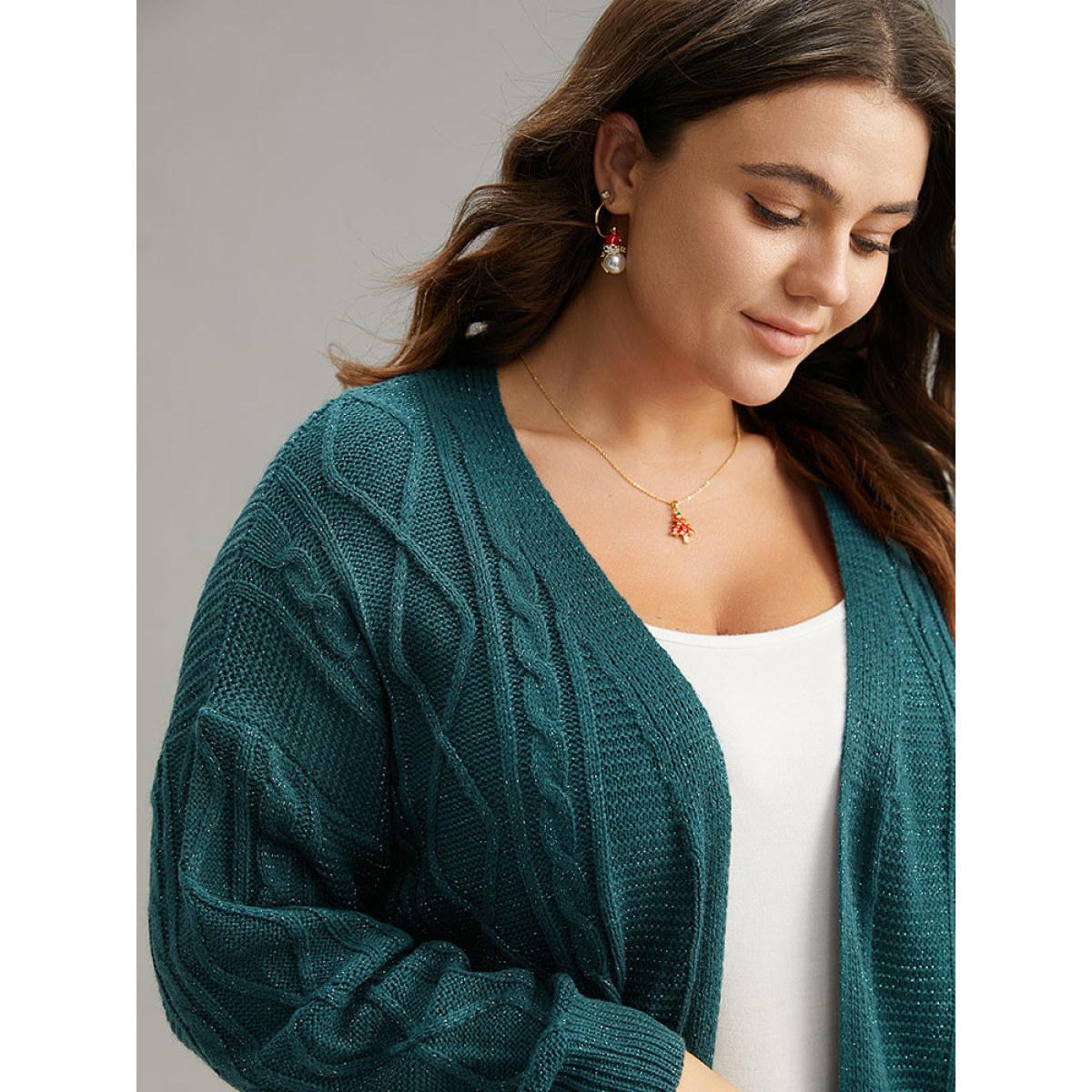 Plus Size Plain Cable Knit Luxe Open Front Cardigan Cyan Women Casual Loose Long Sleeve Dailywear Cardigans BloomChic 22-24/3X Product Image