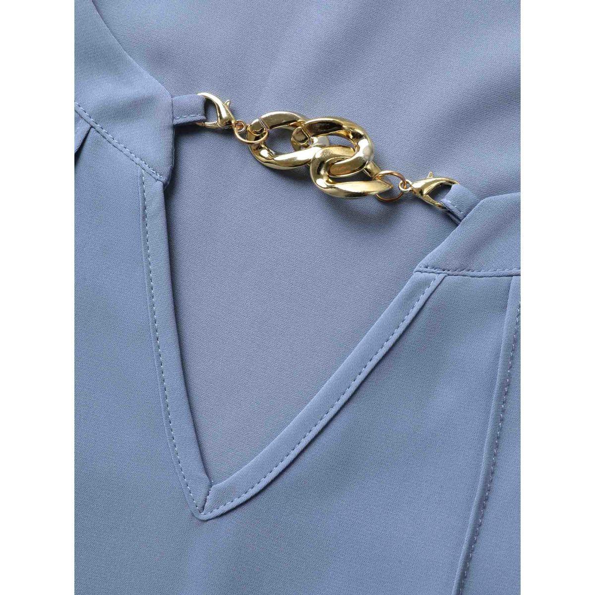 Plus Size Stone Keyhole Metal Chain Detail Ruffle Sleeve Blouse Women Work From Home Short sleeve Round Neck Work Blouses BloomChic 22-24/3X Product Image