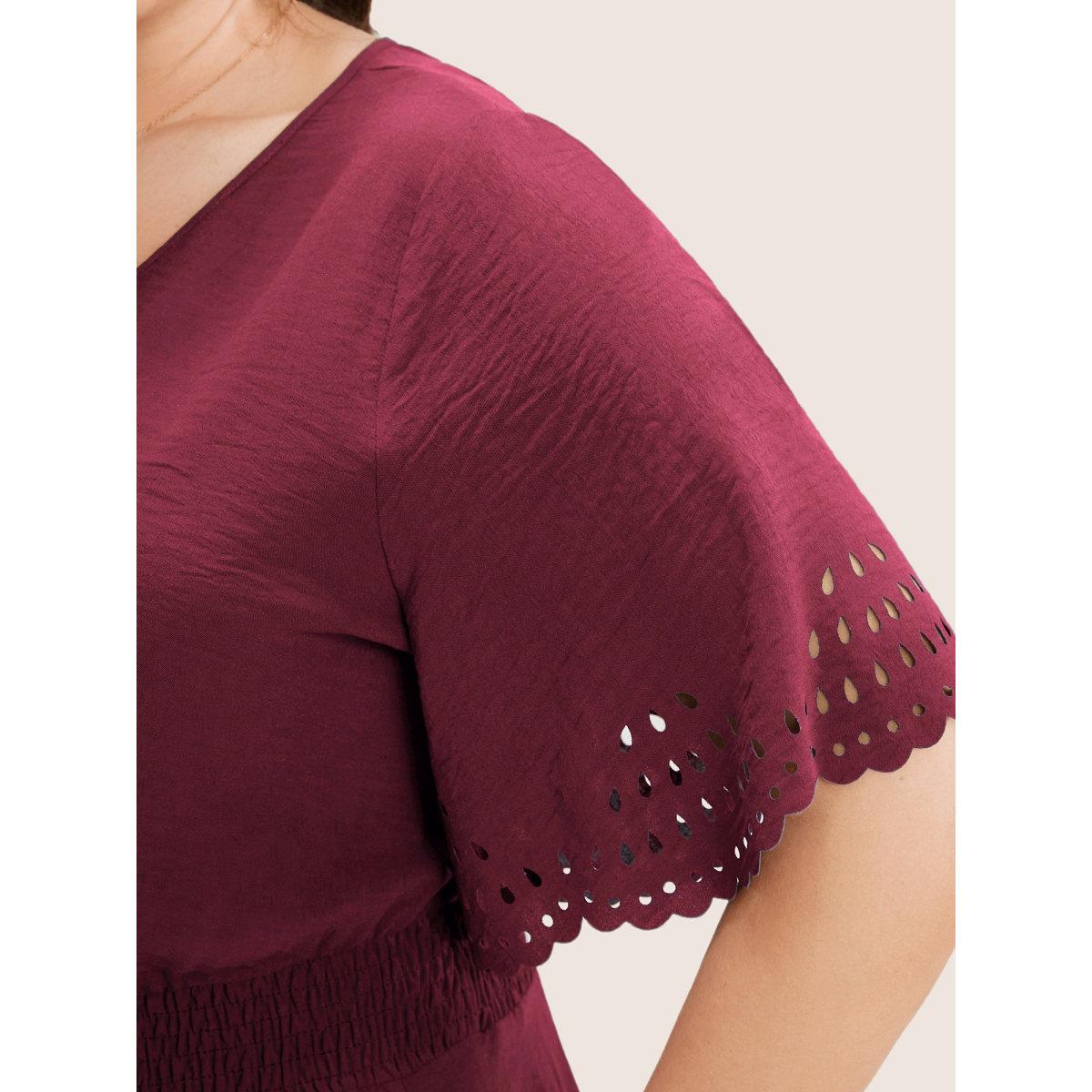 Plus Size Solid Laser Cut Shirred Pocket Wrap Scalloped Trim Flutter Dress Burgundy Women Elegant Non V-neck Short sleeve Curvy Midi Dress BloomChic 28/5X Product Image