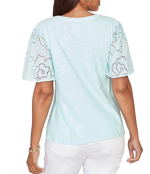 Ruby Rd. Cotton Jersey Knit Split V-Neck Short Eyelet Sleeve Top Product Image