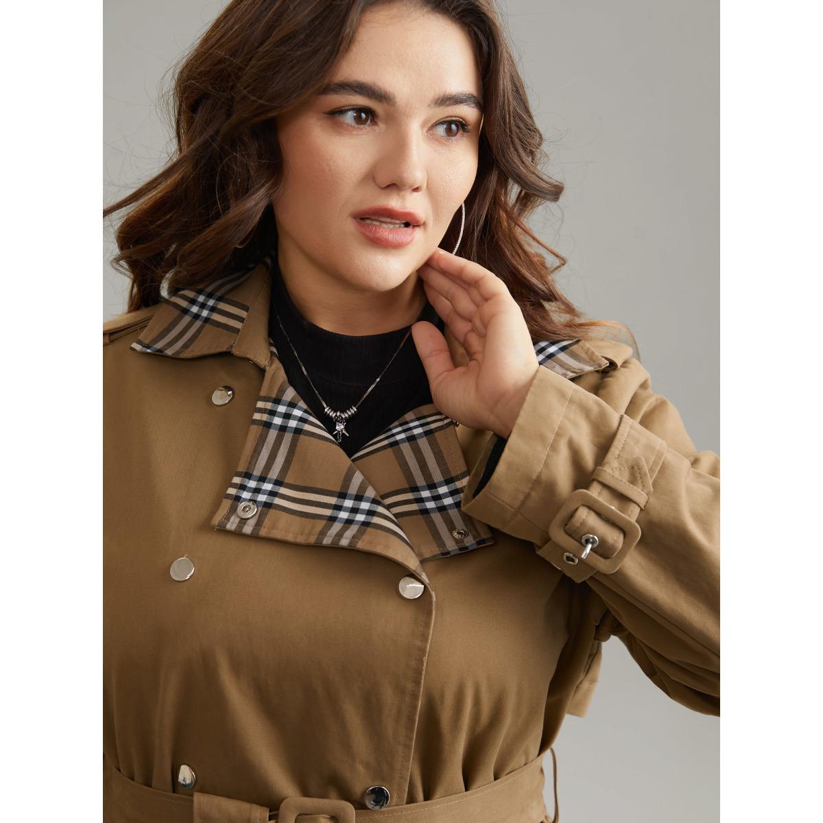Plus Size Plaid Contrast Belted Double Breasted Coat Women Tan Elegant Lined Ladies Dailywear Winter Coats BloomChic 22-24/3X Product Image