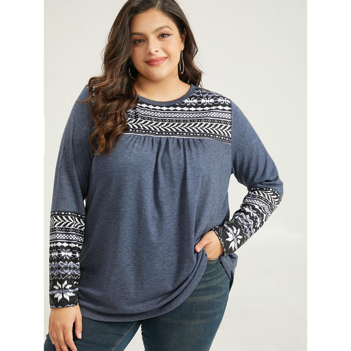 Plus Size Boho Print Round Neck Gathered T-shirt Blue Women Casual Patchwork Bohemian Print Round Neck Dailywear T-shirts BloomChic 30/6X Product Image