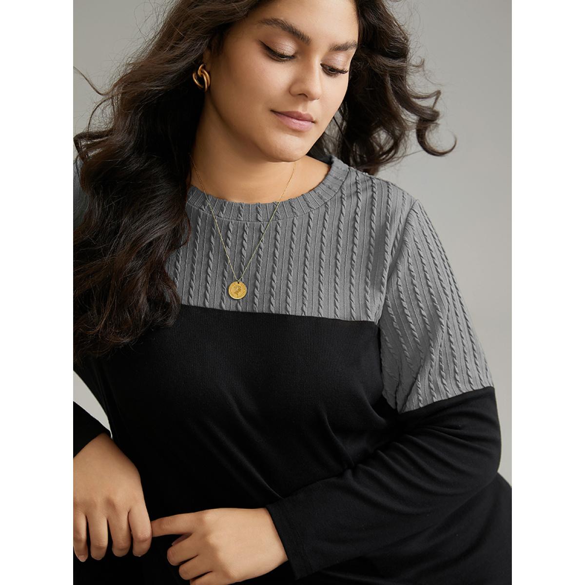 Plus Size Textured Patchwork Contrast Crew Neck Knit T-shirt DarkGray Women Casual Texture Plain Round Neck Dailywear T-shirts BloomChic 10/M Product Image