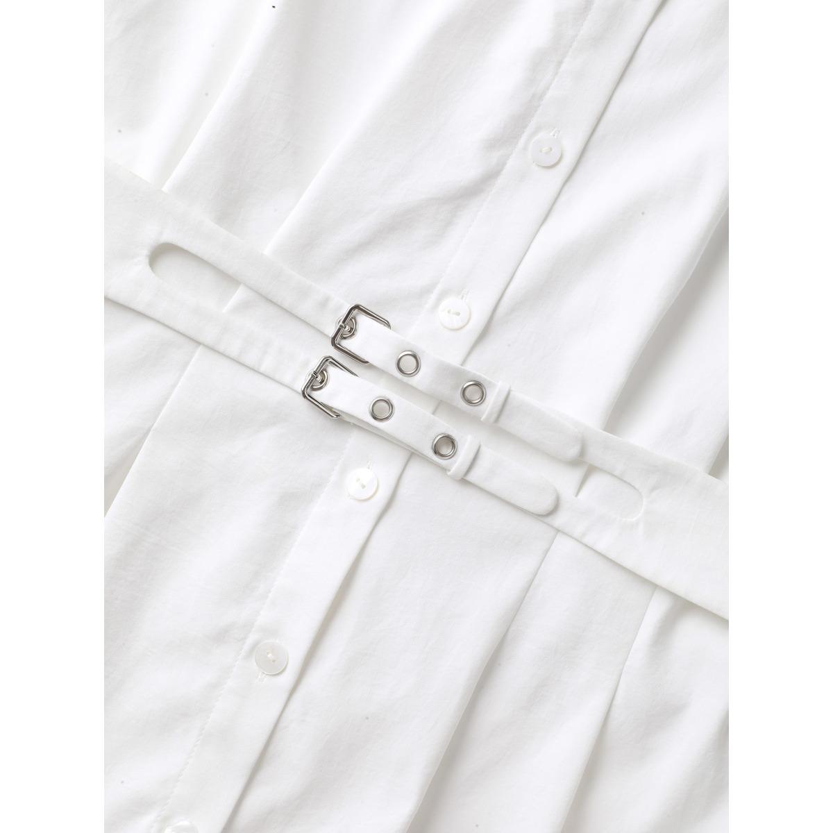 Plus Size Originalwhite Double Belt Waist-Cinched Shirred Blouse Women Office Short sleeve Shirt collar Office Blouses BloomChic 22-24/3X Product Image