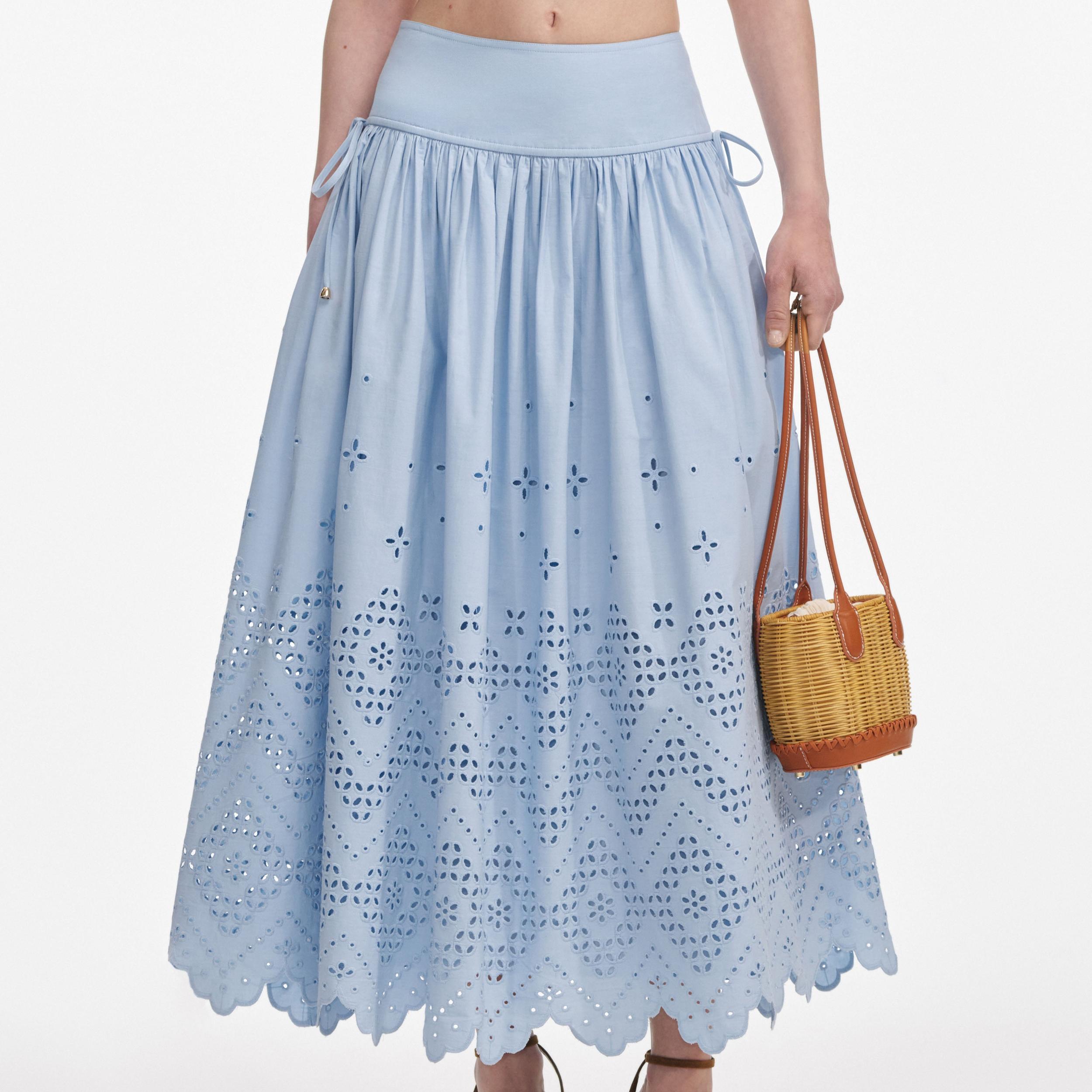 Blue Cotton Broderie Midi Skirt Product Image