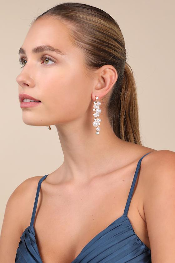 Eloquent Status Gold Pearl and Rhinestone Drop Earrings Product Image