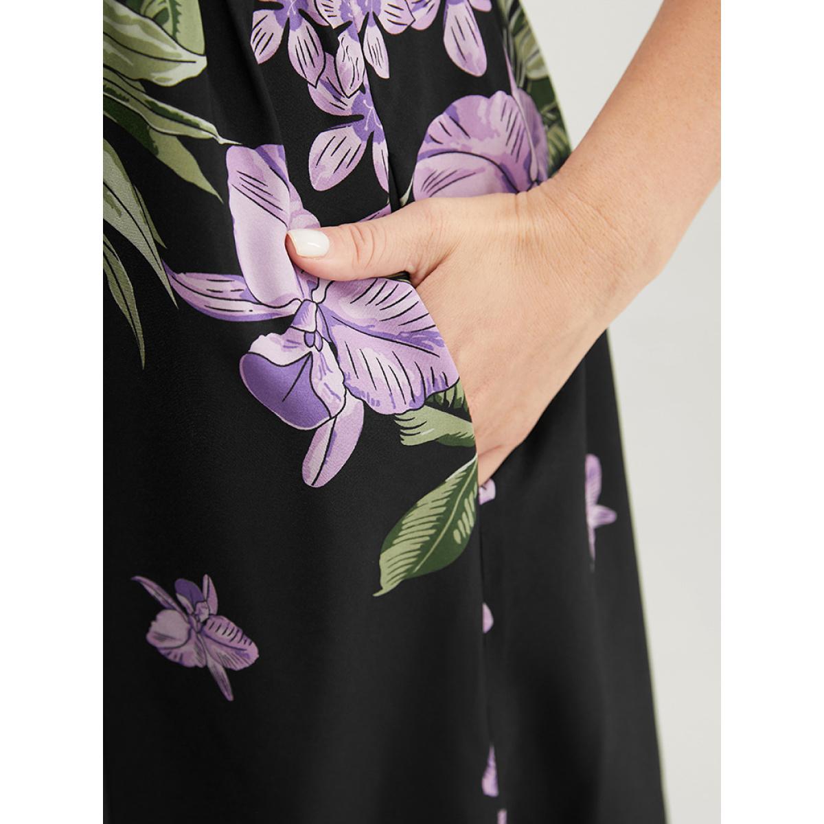 Plus Size Floral Pocket Adjustable Straps Ruffle Hem Cami Dress Black Women Elegant Adjustable Straps Spaghetti Strap Sleeveless Curvy Midi Dress BloomChic 22-24/3X Product Image