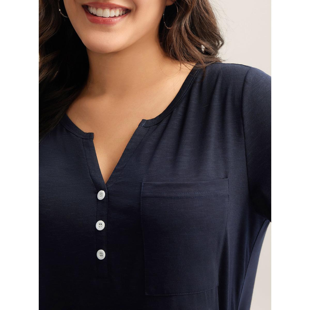Plus Size Solid Split Neck Button Detail T-Shirt Indigo Women Leisure Button Notched collar Casual T-shirts BloomChic 14-16/1X Product Image