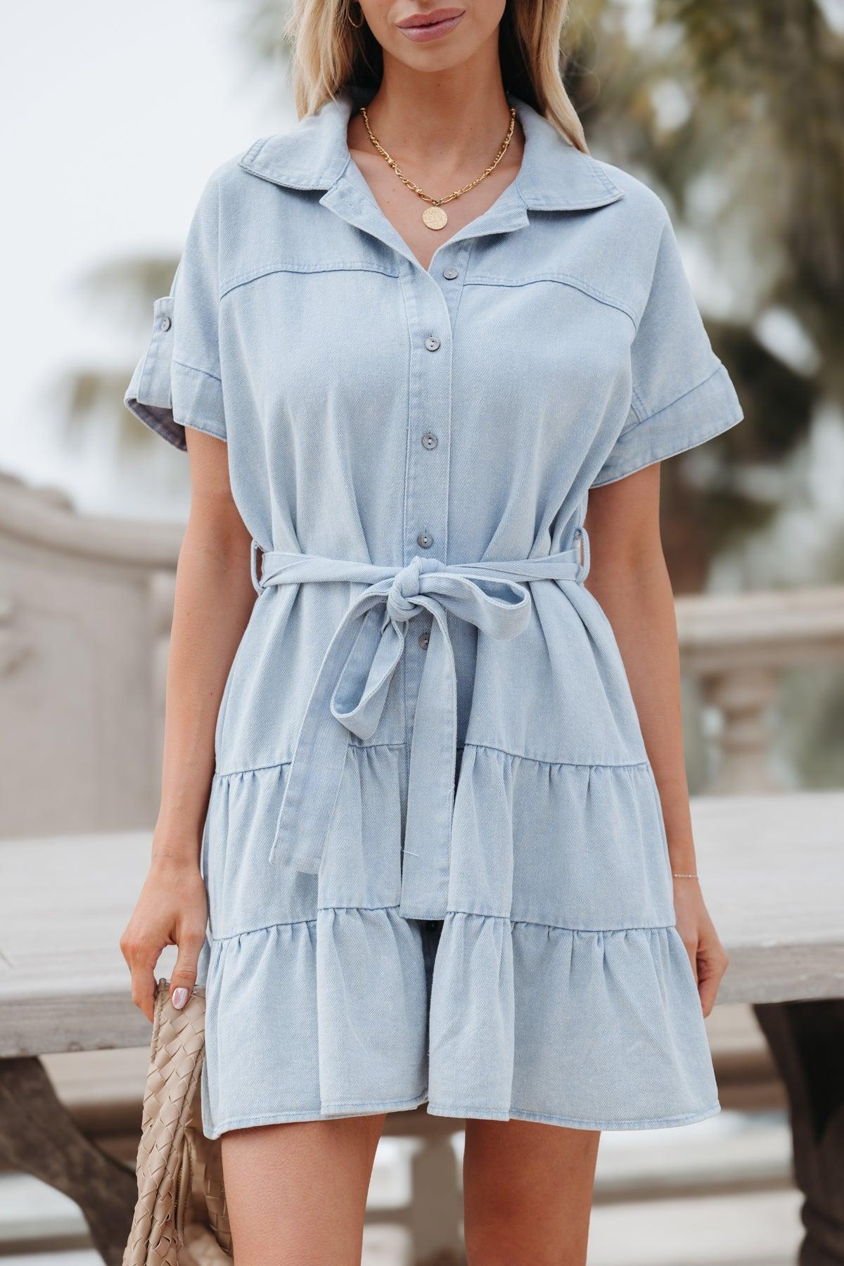 Button Down Tiered Mini Dress - Light Denim - FINAL SALE Product Image