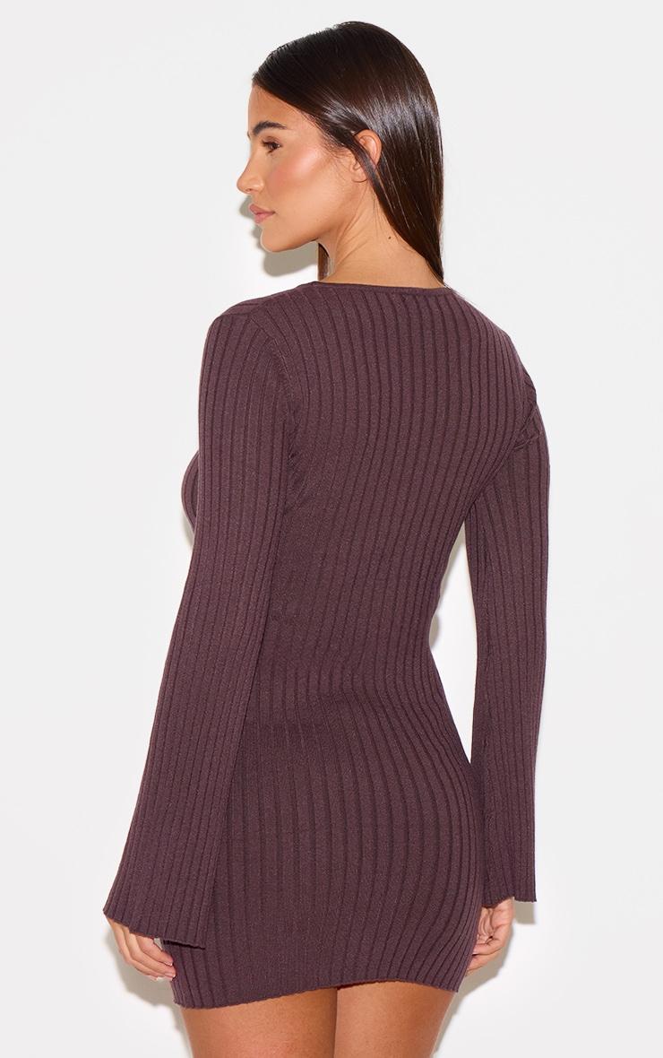 Chocolate Ribbed Knit Mini Dress Product Image