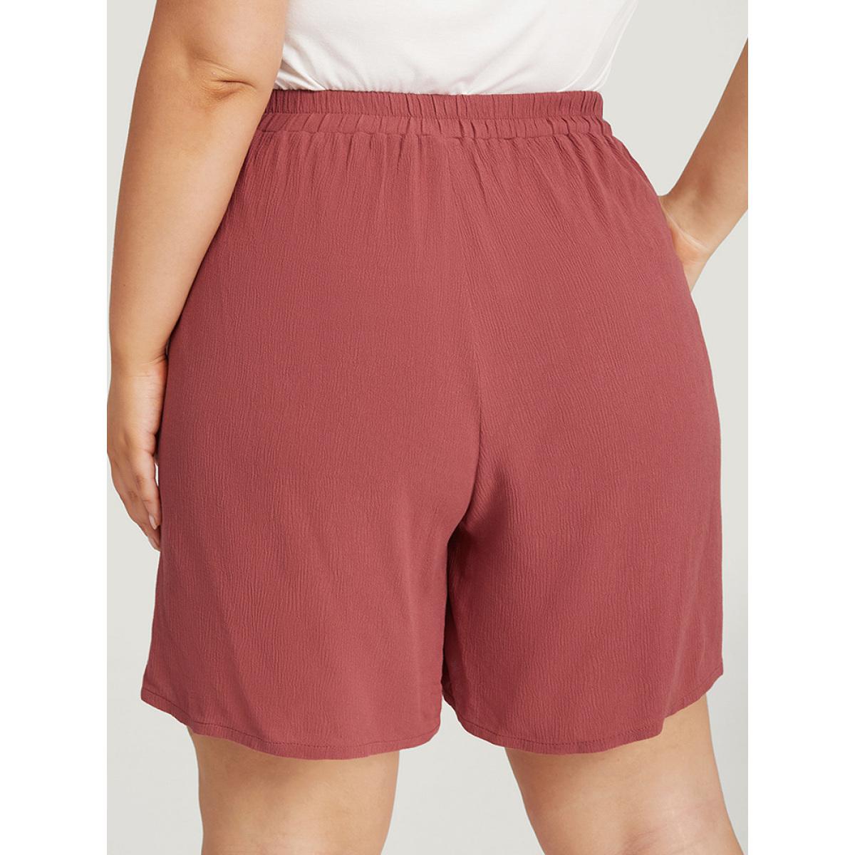 Plus Size Plain Ties Pocket Beaded Detail Shorts Women Rouge Vacation Beaded Dailywear Shorts BloomChic 10/M Product Image