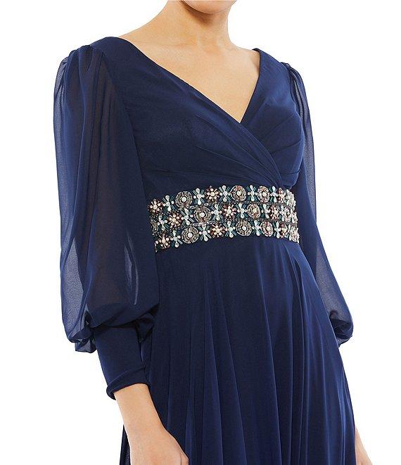 Mac Duggal V-Neck Long Sleeve Belted Gown Product Image