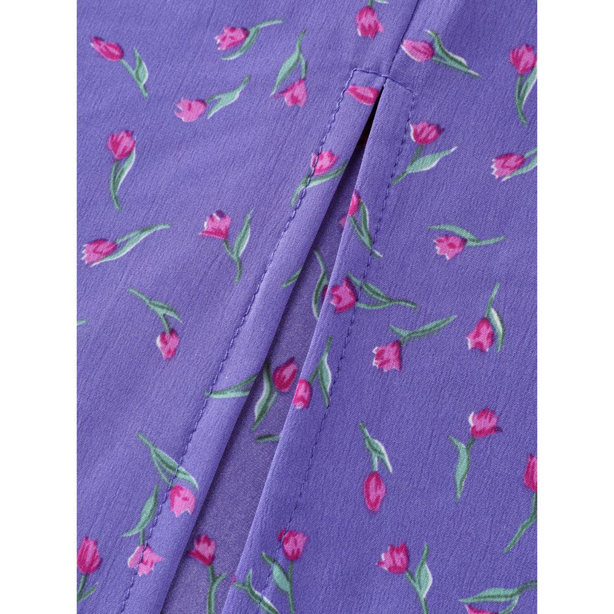 Plus Size Ditsy Floral Sweetheart Neck Shirred Waist Midi Dress BlueViolet Women Romantic Gathered Heart neckline Elbow-length sleeve Curvy BloomChic 14-16/1X Product Image