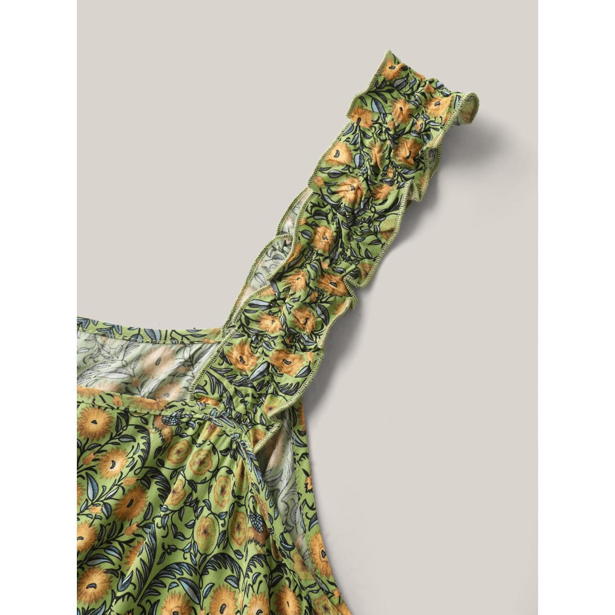 Plus Size Rayon Floral Print High Waisted Midi Dress Olive Women Square Neck Sleeveless Curvy BloomChic 18-20/2X Product Image