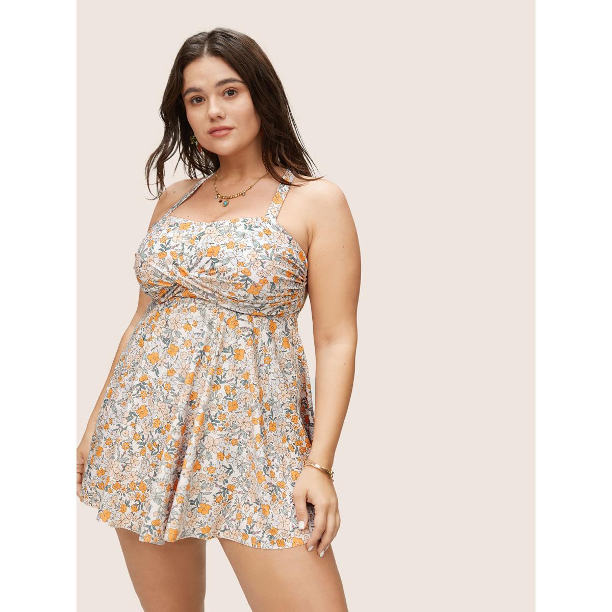 Plus Size Ditsy Floral Crossover Adjustable Straps Swim Top Women's Swimwear Apricot Beach Twist High stretch Bodycon Strapless Curve Swim Tops BloomChic 12/L Product Image