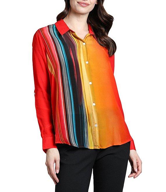 APNY Gradient Print Collared Neckline Long Sleeve Blouse Product Image