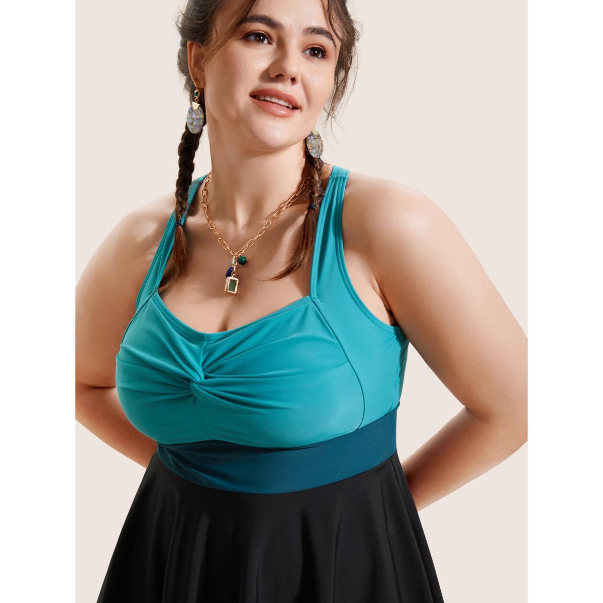 Plus Size Crossover Patchwork Heart Neckline Swim Dress Women's Swimwear Teal Beach Bodycon Heart neckline High stretch Curve Swim Dresses BloomChic 26/4X Product Image
