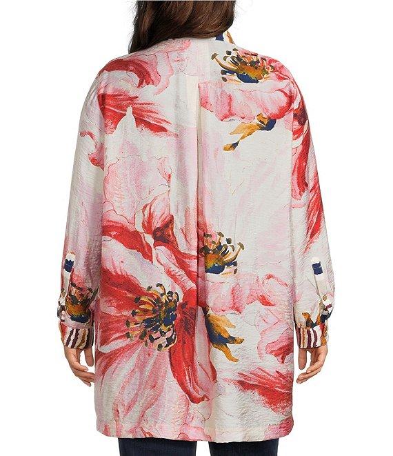 John Mark Plus Size Floral Wire Collar Long Roll-Tab Sleeve Hi-Low Hem Button-Front Tunic Product Image