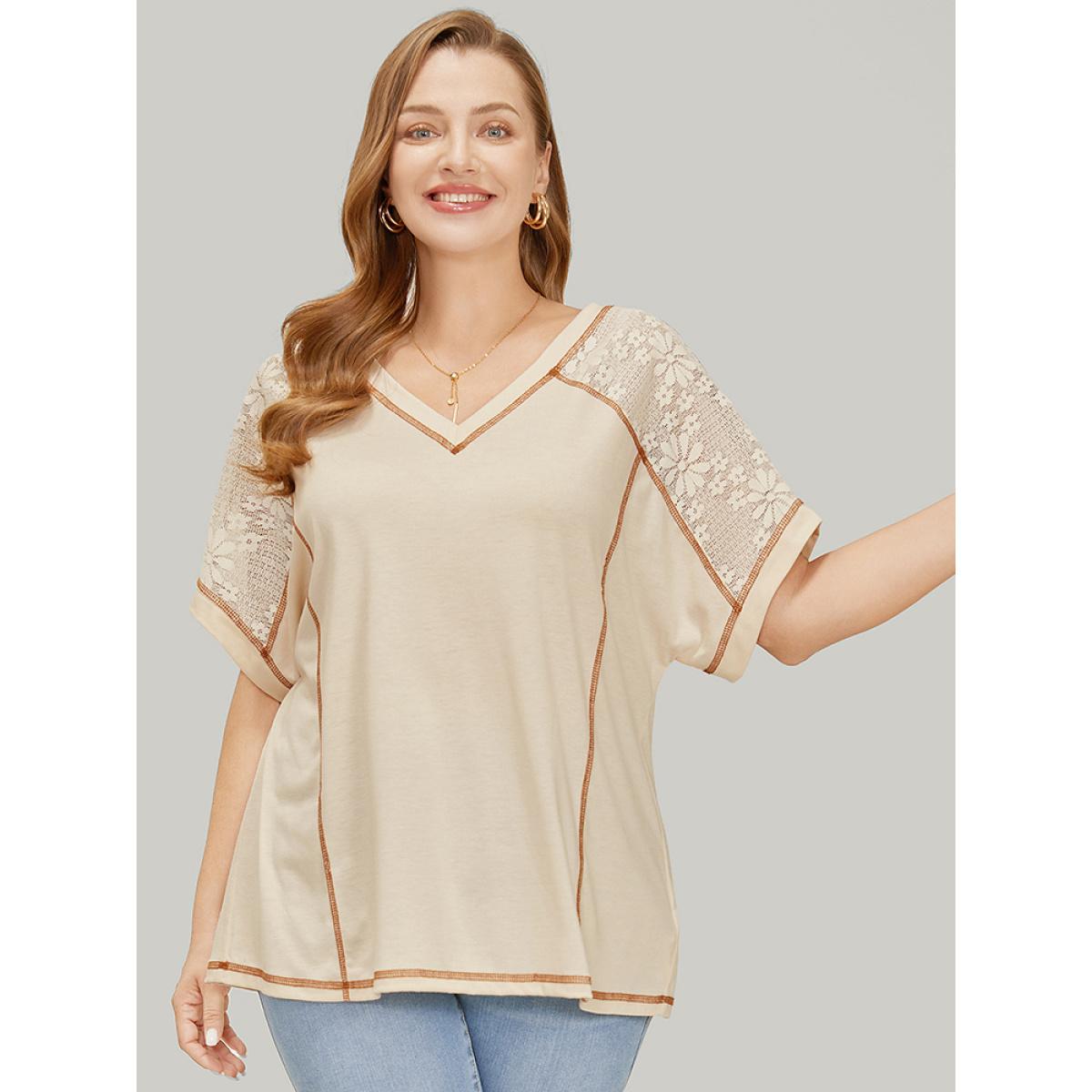 Plus Size Floral Lace Insert Stitch Trim T-shirt Beige Women Elegant Plain V-neck Dailywear T-shirts BloomChic 28/5X Product Image
