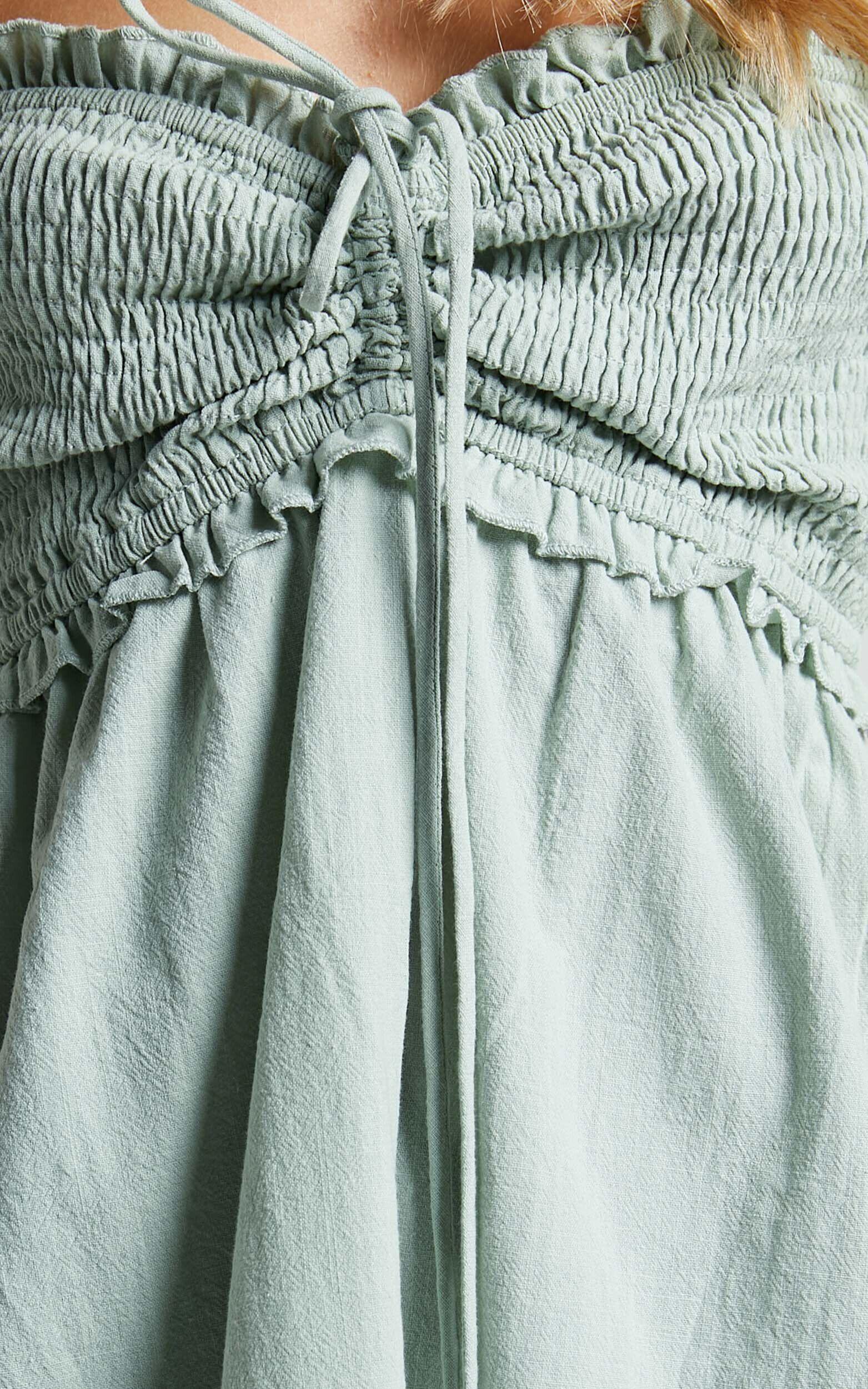 Nikka Midi Linen Blend Dress - Shirred Off Shoulder Puff Sleeve Dress in Sage Product Image