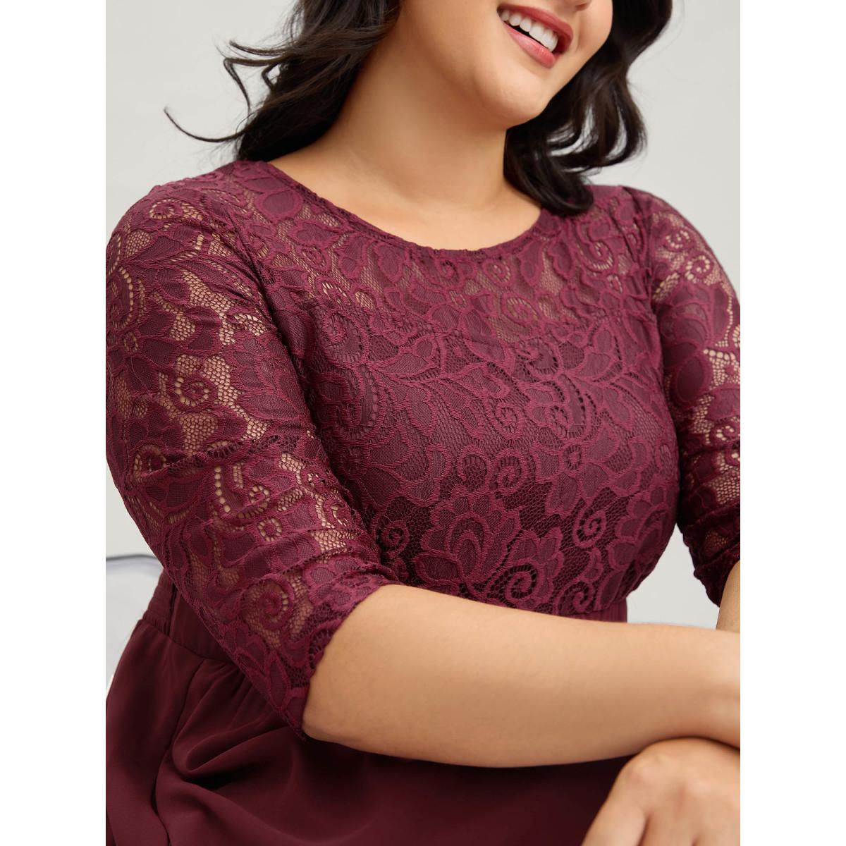 Plus Size Lace Patchwork Shirred Midi Pocket Dress Burgundy Women Formal Woven ribbon&lace trim Round Neck Elbow-length sleeve Curvy BloomChic 12/L Product Image