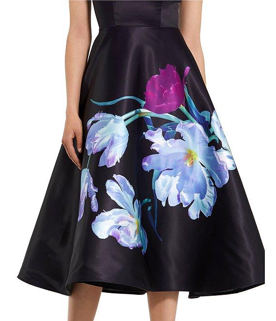 Mac Duggal Boat Neck Satin Cap Sleeve Placement Print Fit & Flare Midi Dress Product Image