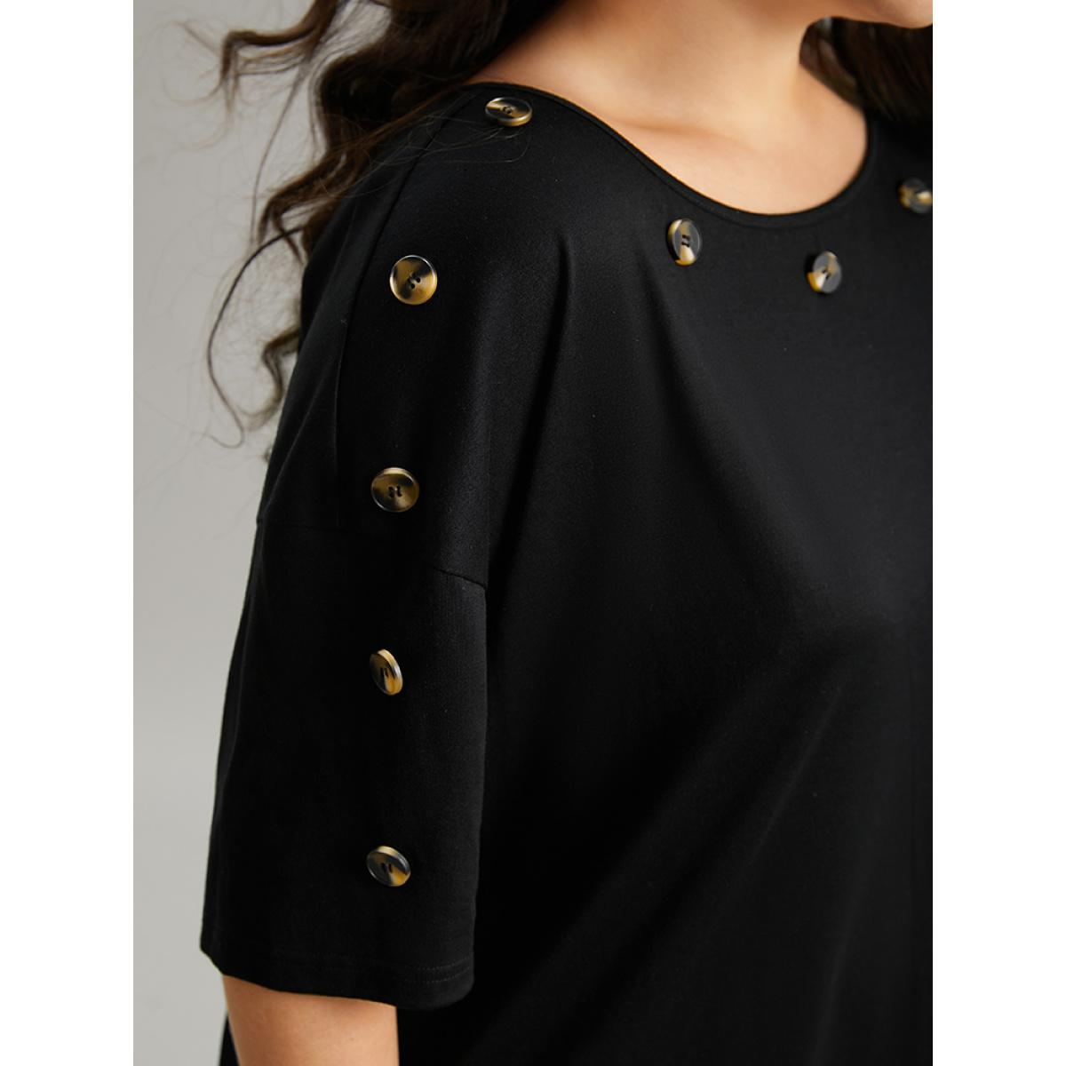Plus Size Plain Button Detail Drop Shoulder T-shirt Black Women Casual Button Plain Round Neck Dailywear T-shirts BloomChic 22-24/3X Product Image