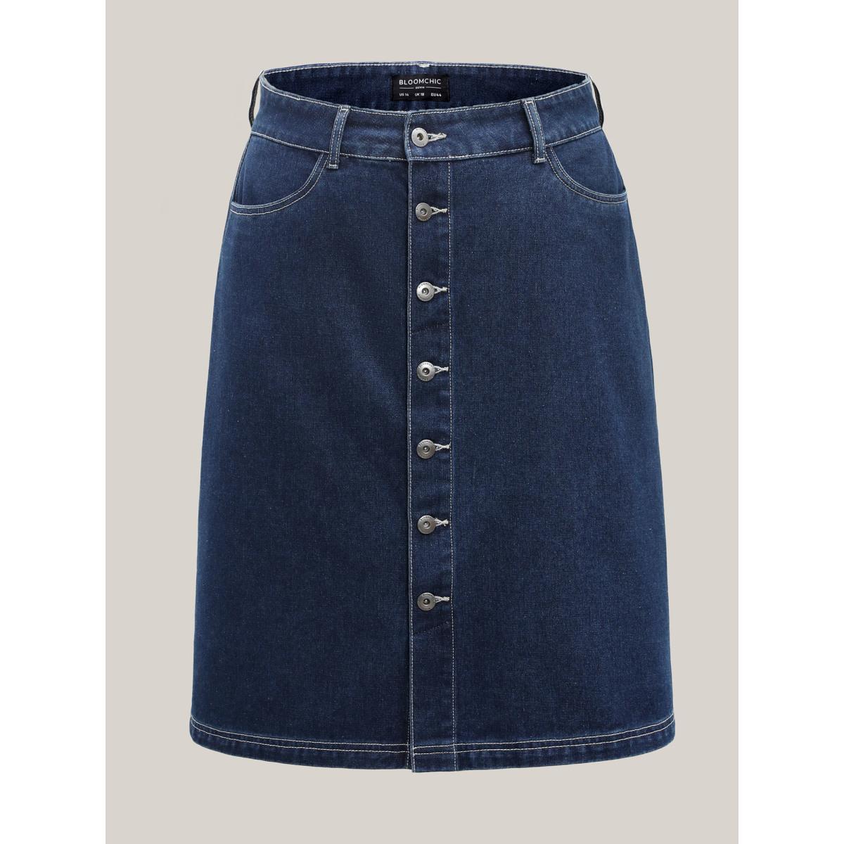 Plus Size Button Front Straight-Fit Denim Skirt Women Midblue Everyday-Casual Button Low stretch Medium Wash 30/6X Slanted pocket Elegant Denim Skirts BloomChic Product Image