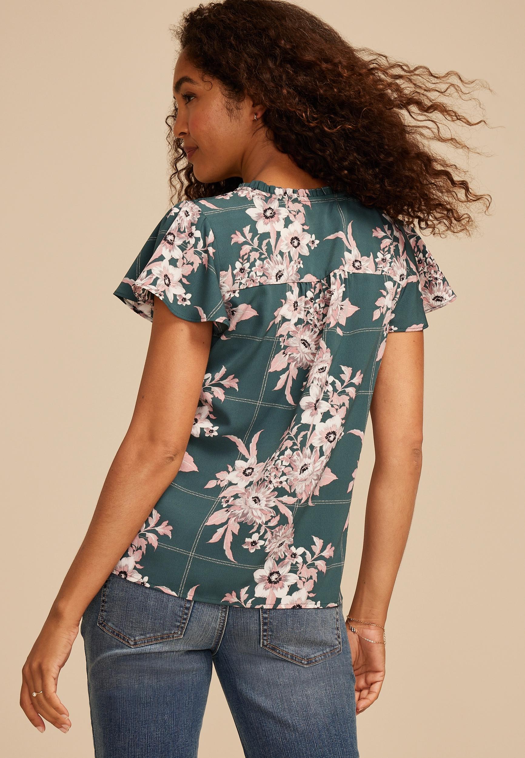 Atwood Floral Smocked Shoulder Flutter Sleeve Blouse Product Image