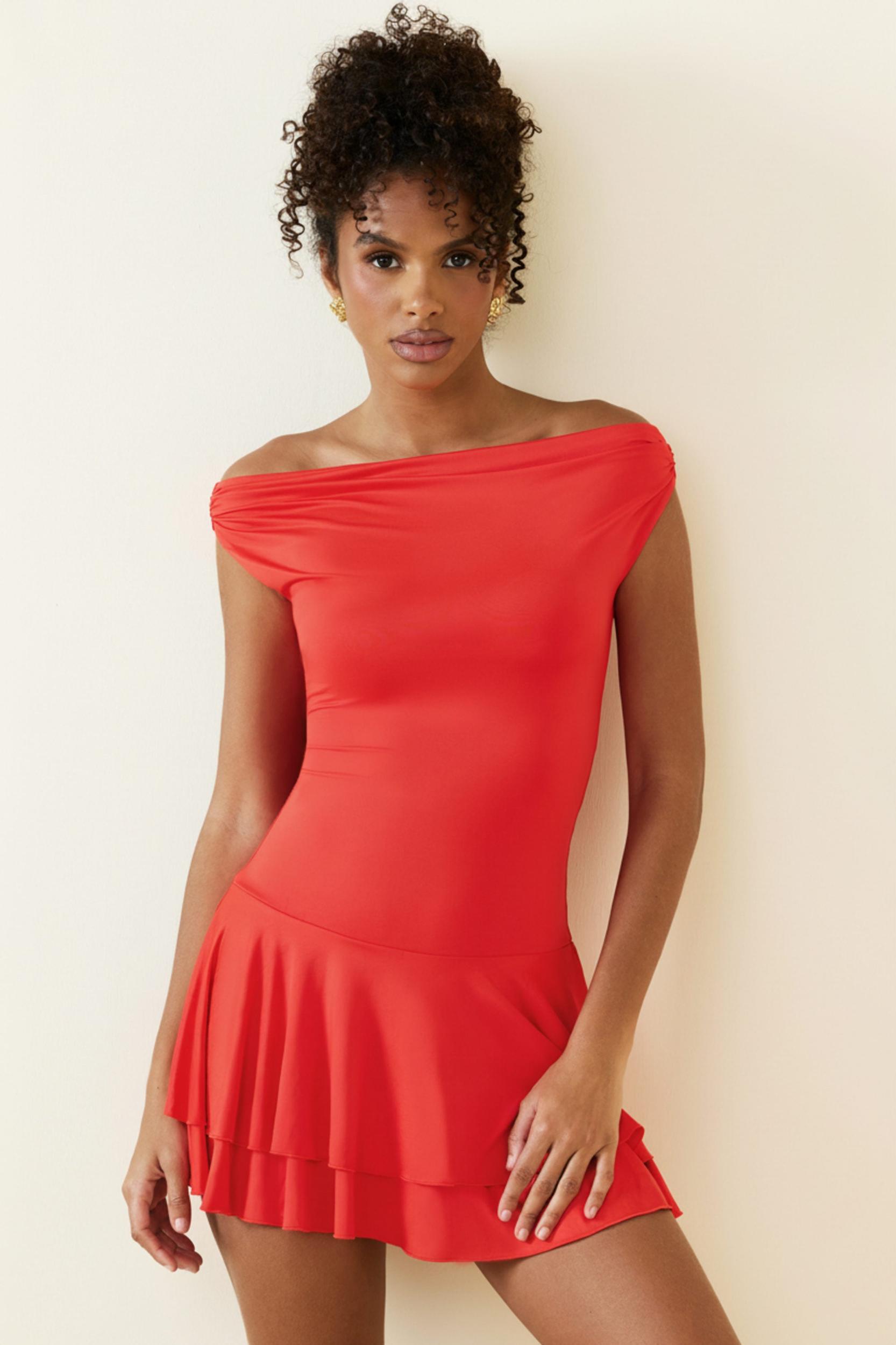 Off-Shoulder Ruffled Mini Dress in Scarlet Female Product Image