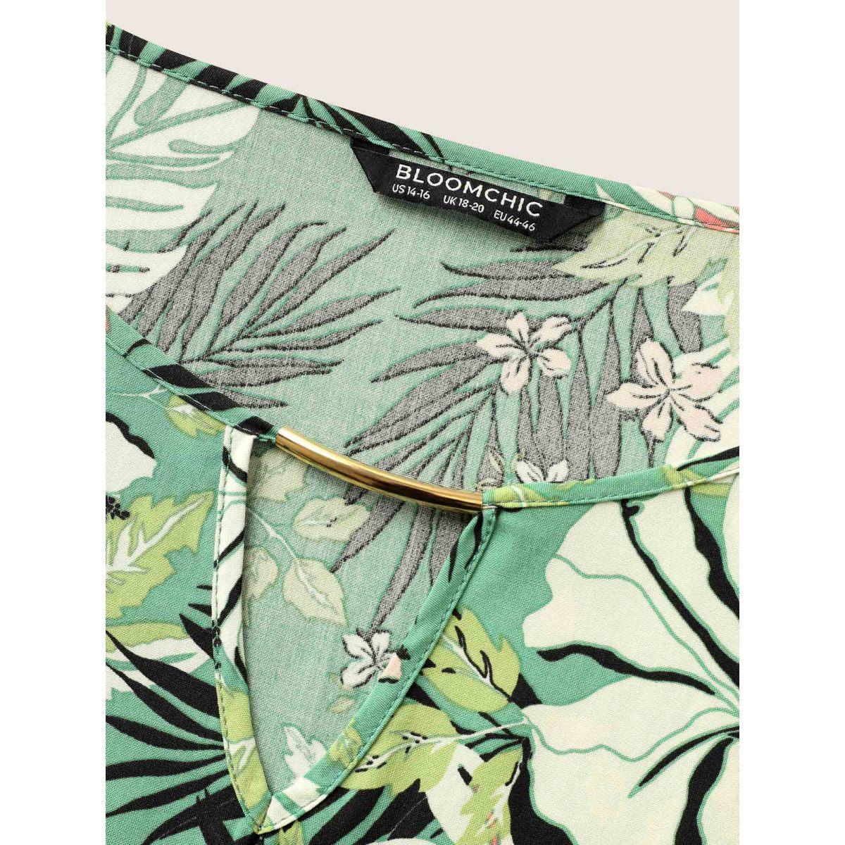 Plus Size Mint Tropical Print Keyhole Flutter Sleeve Blouse Women Resort Elbow-length sleeve Round Neck Vacation Blouses BloomChic 22-24/3X Product Image