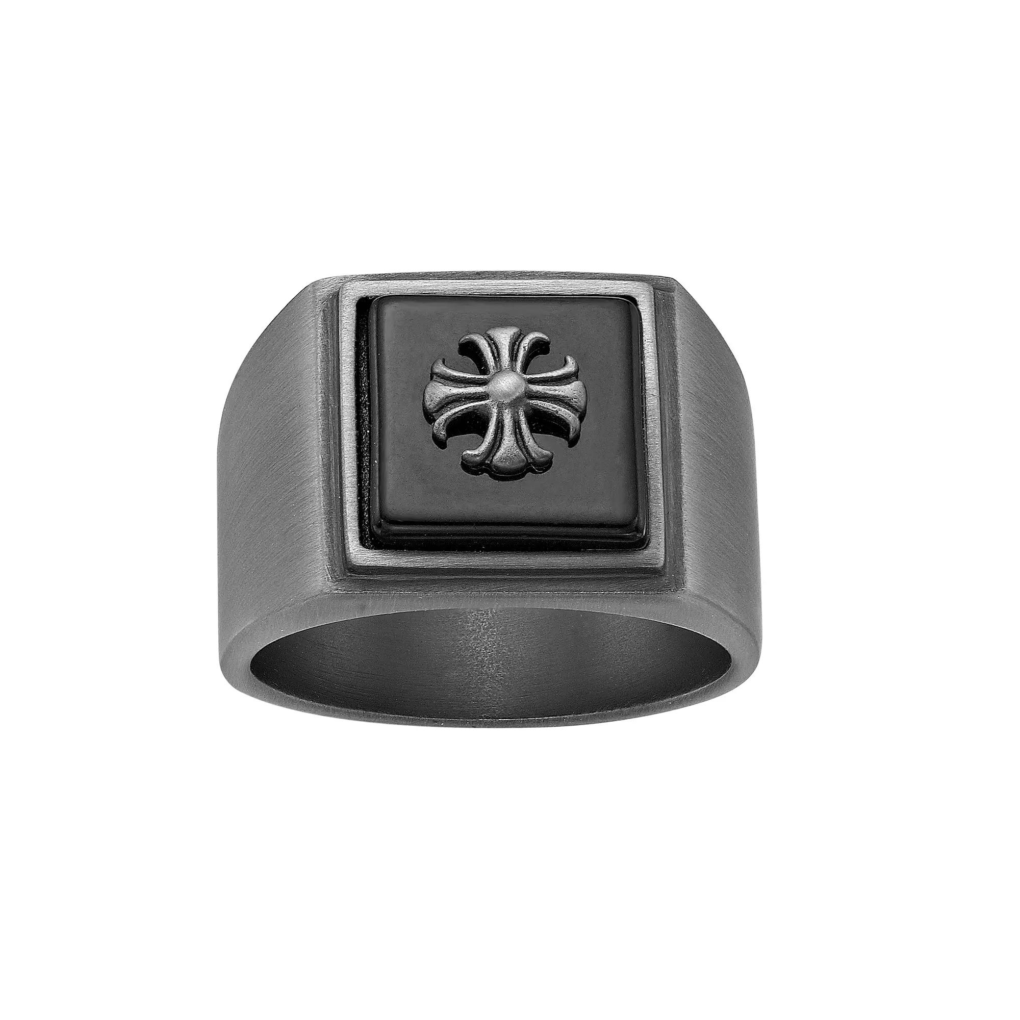 LYNX Men's Gray Ion Plated Stainless Steel Ring Black Agate Cross Ring, Size: 11, Multi Product Image