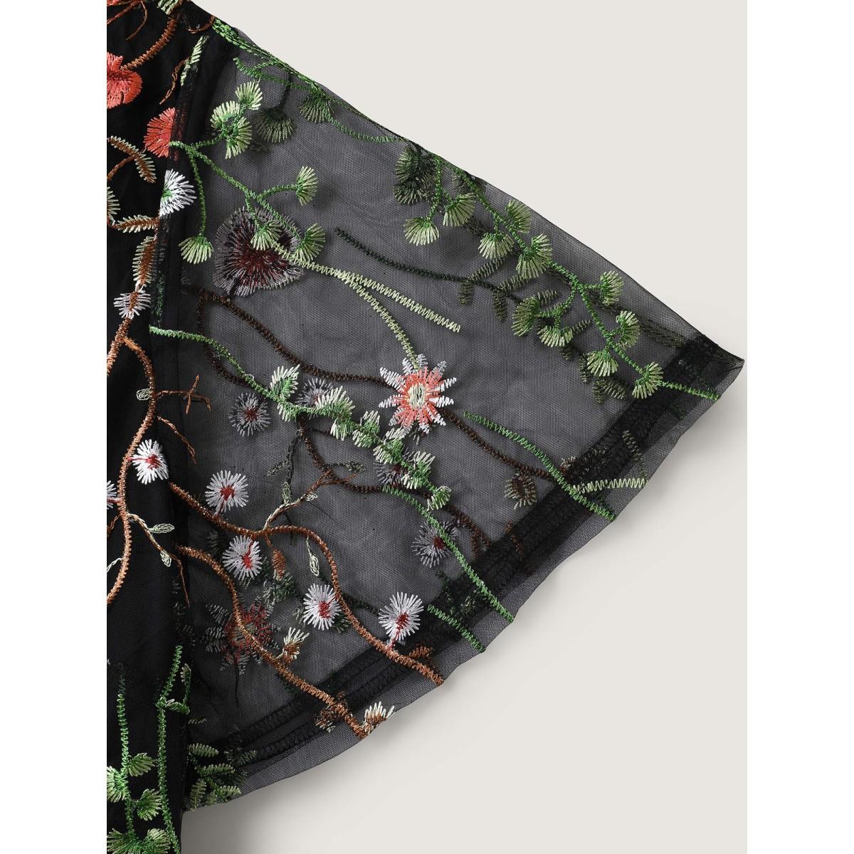 Plus Size Plant Embroidery Sheer Cinched-Waist Midi Dress Black Women Round Neck Short sleeve Curvy BloomChic 14-16/1X Product Image