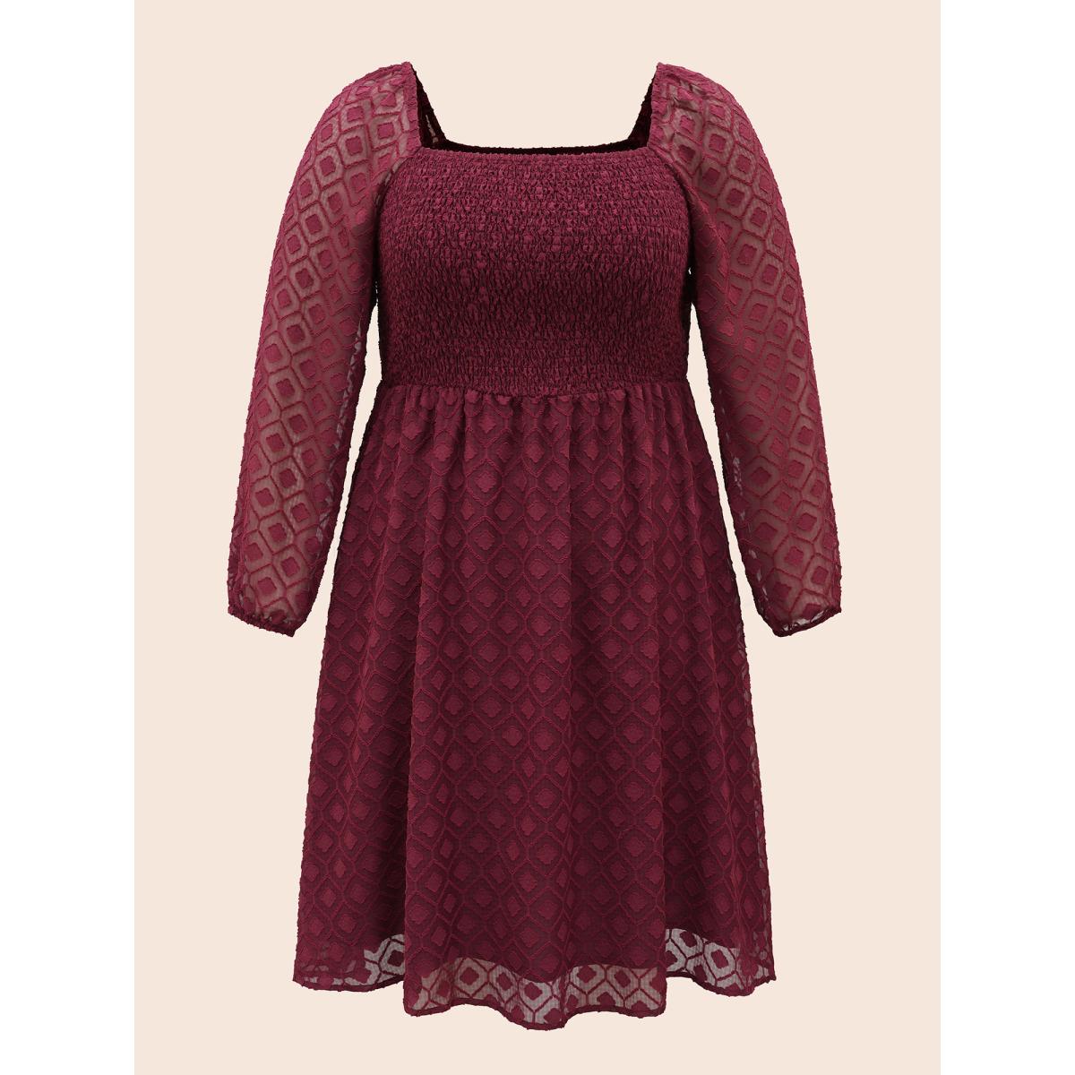 Plus Size Square Neck Textured Mesh Shirred Dress Burgundy Women Elegant Texture Square Neck Long Sleeve Curvy BloomChic 30/6X Product Image