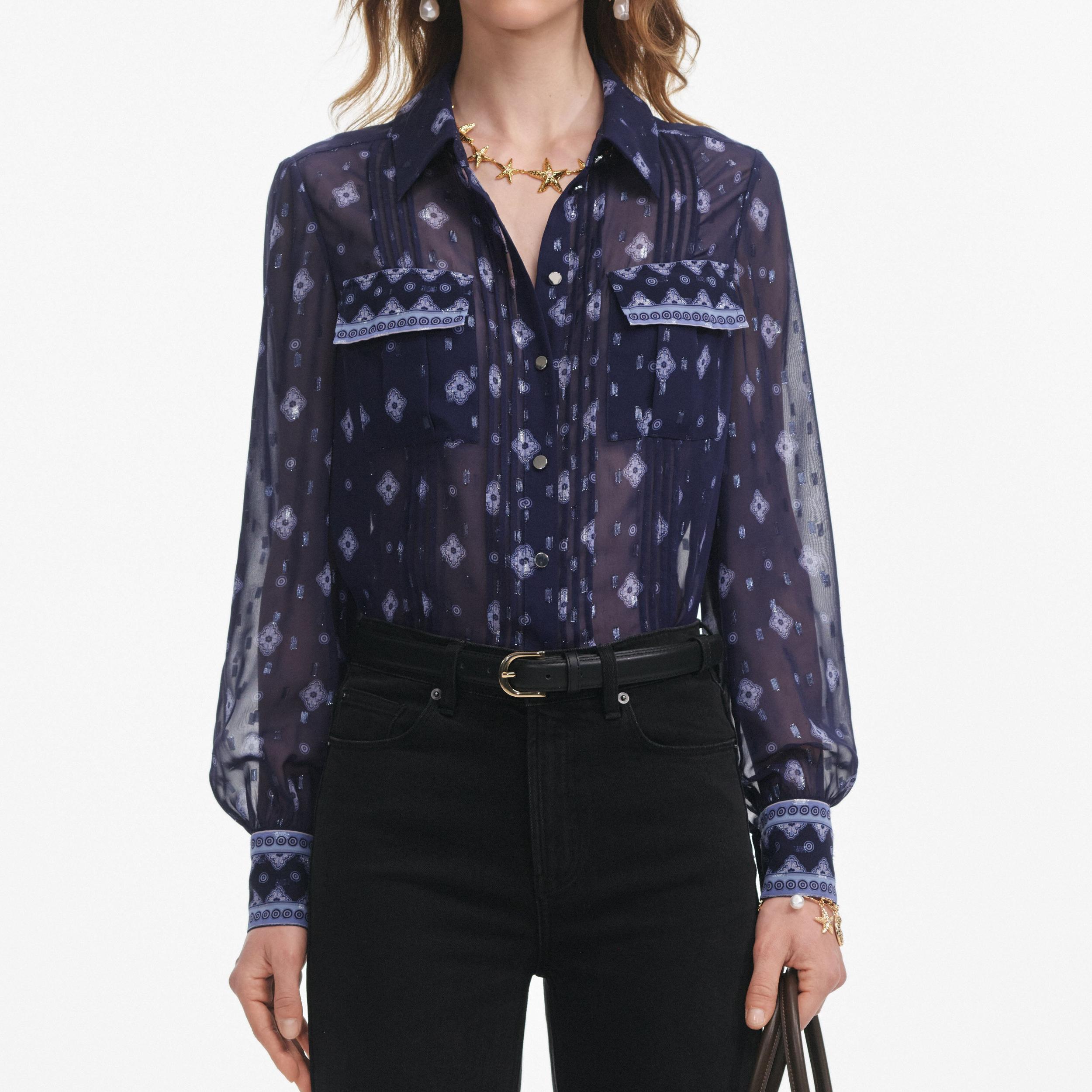 Navy Printed Chiffon Blouse Product Image