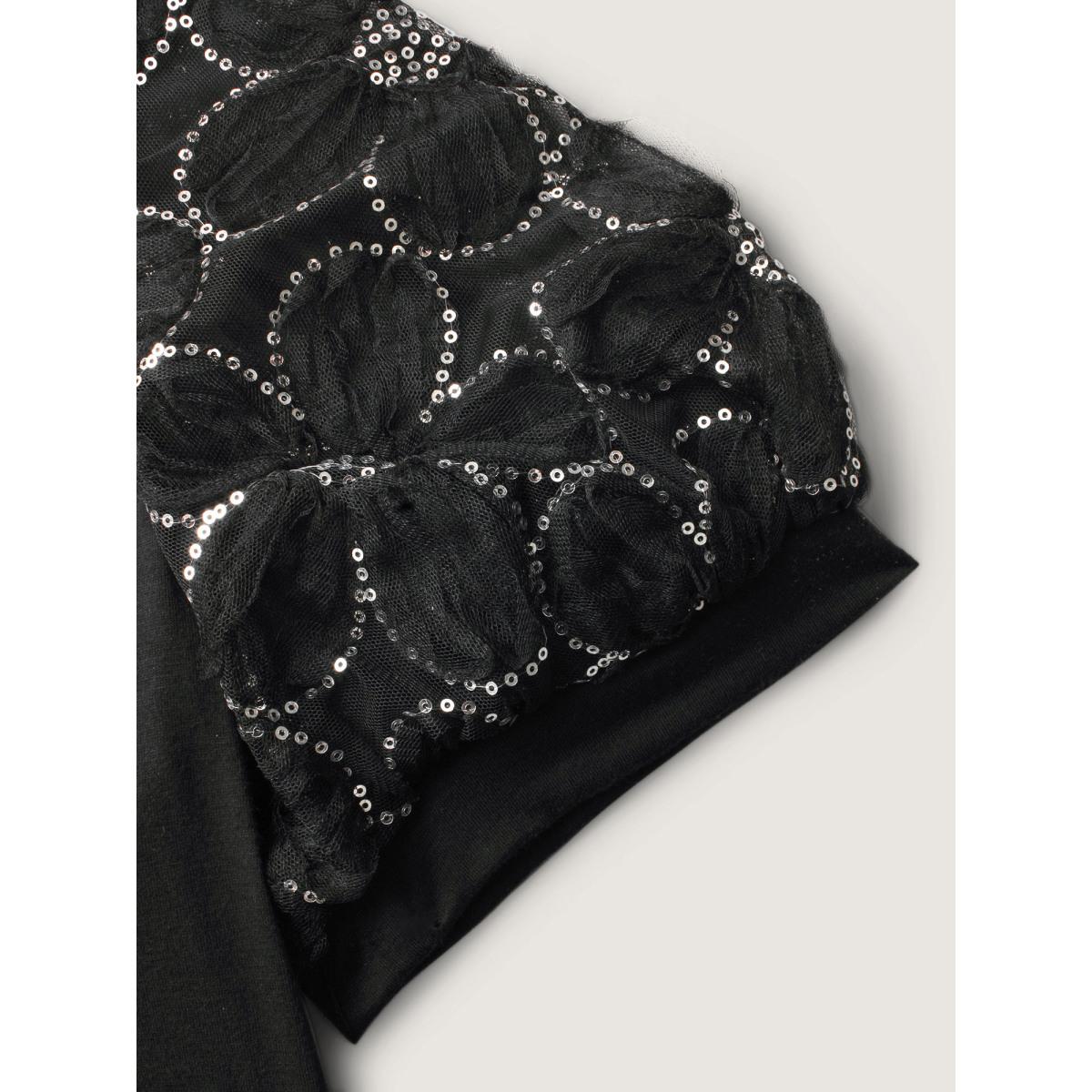 Plus Size Floral Sequin Mesh Round Neck T-shirt Black Women Timeless See through Round Neck Elegant T-shirts BloomChic 14-16/1X Product Image