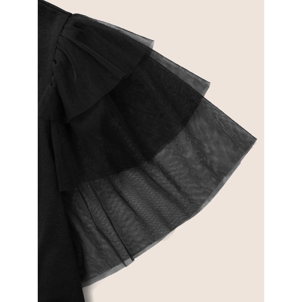 Plus Size Crew Neck Tiered Mesh Patchwork T-shirt Black Women Elegant See through Round Neck Everyday T-shirts BloomChic 12/L Product Image