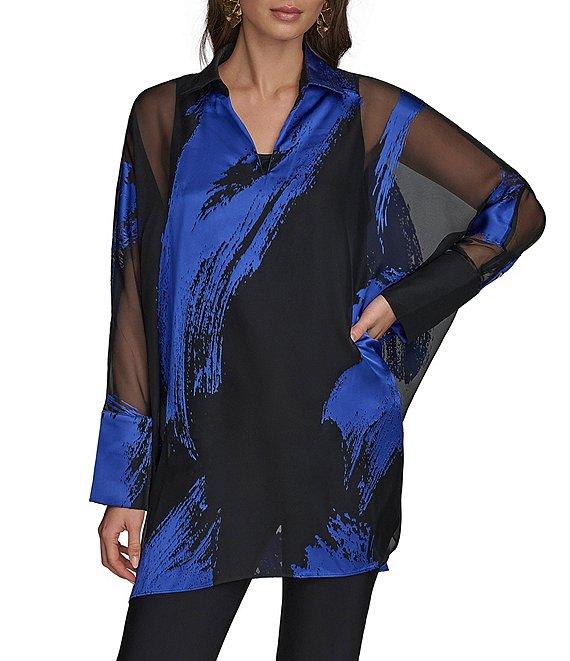Donna Karan Brushstroke Burnout Spread Collar Long Sleeve Tunic Product Image