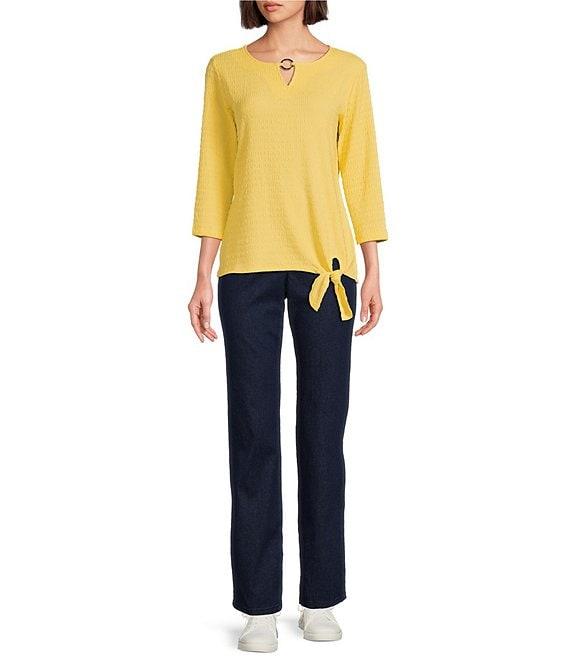 Allison Daley 3/4 Sleeve Keyhole Neck Tie Hem Seersucker Knit Top Product Image