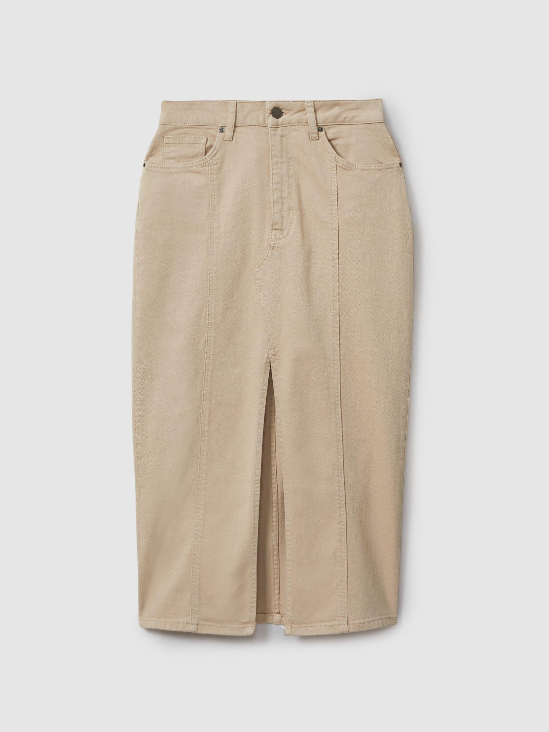 High Rise Denim Midi Skirt in Stone Product Image